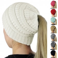 1pc Mujer Messy High Bun Ponytail Stretchy Knit Beanie Skull Winter Warm Hat  eb-44113567